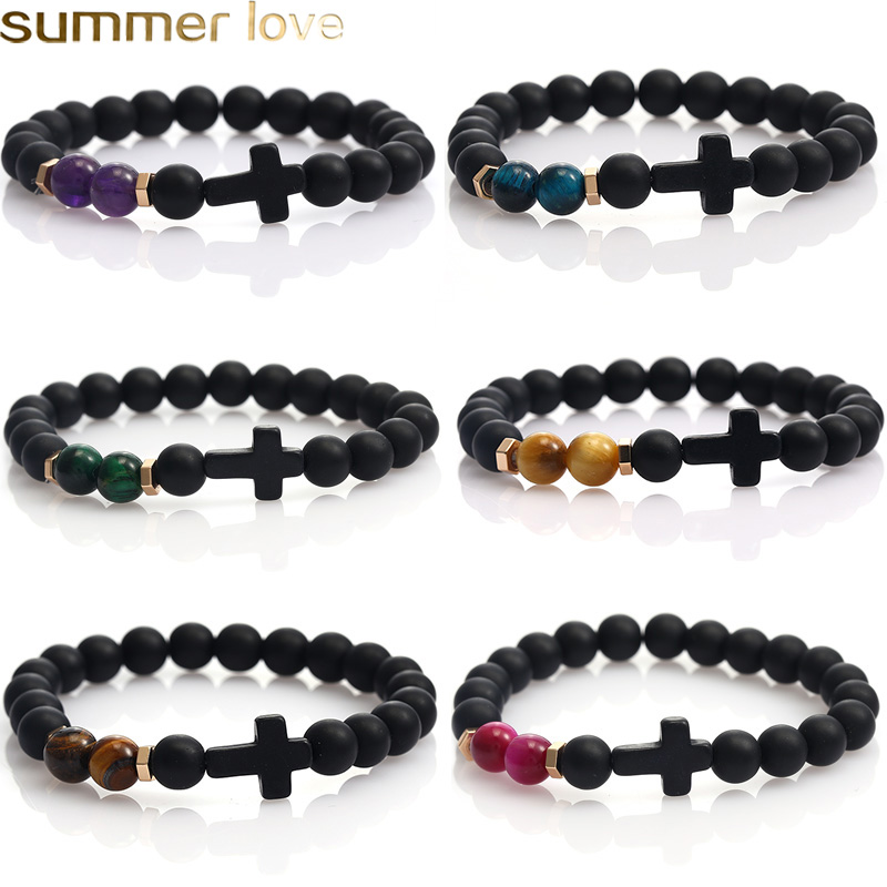 

Fashion Design Natural Black Matte Stone Agate Beads Bracelet for Men Cross Charm Bracelet Handmade Elastic Rope Adjustable Bracelet Jewelry