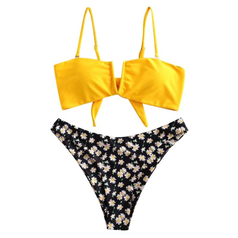 

Melphieer Lady' 2020 bikini set yellow solid v-neck top black high cut flower printed brazilian bottoms in stock