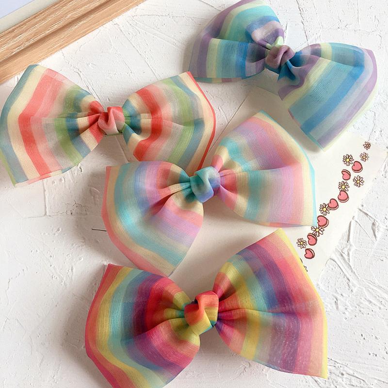 

2020 New Korea Style Sweet Trendy Rainbow Stripes Children Bow Hairpin Cute Simple Hair Clip for Girl Fashion Hair Accessories