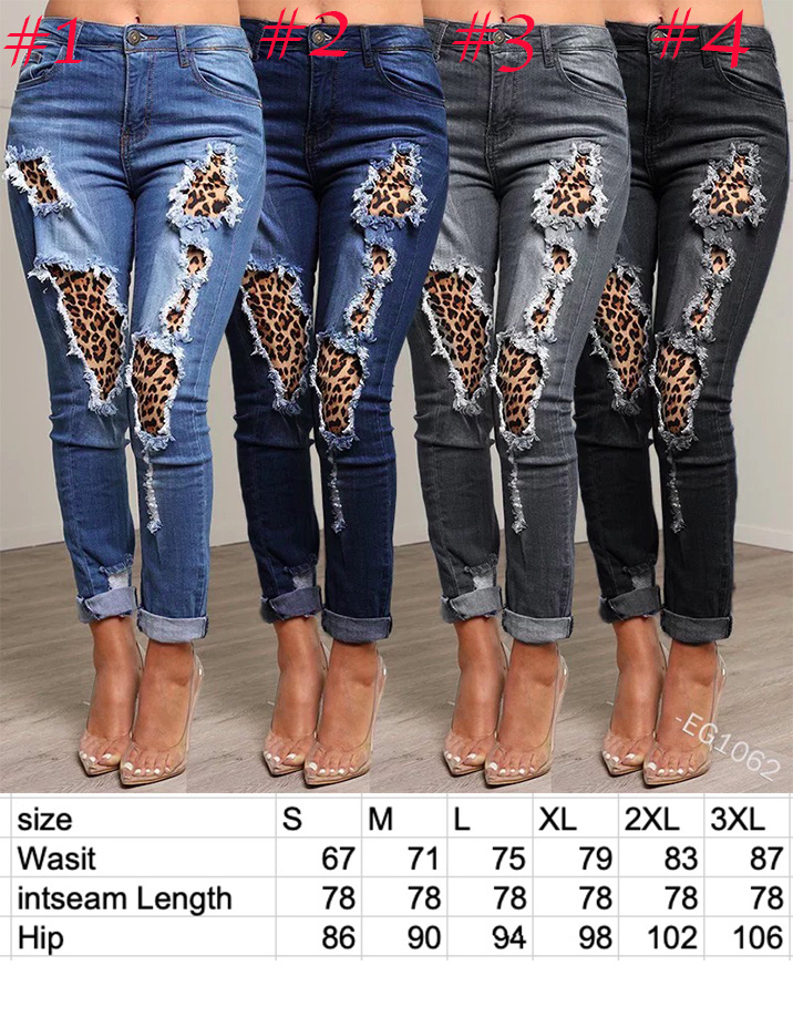 Summer new style Women Denim Ripped Holes leopard Patches Skinny Jeans lady leopard patchwork long Pants