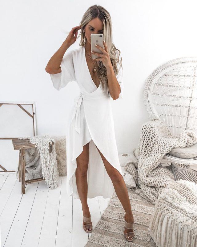 

Sexy V Lead Irregular Loose Dress Longuette Ladies Summer Dresses Woman