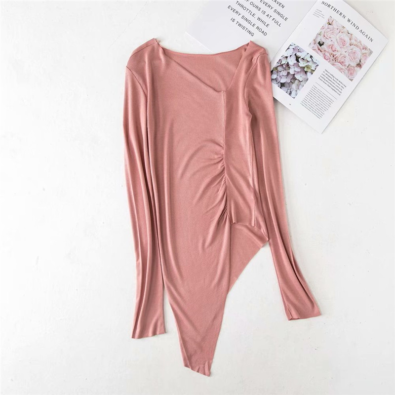 

Summer new fashion solid color V-neck long-sleeved thin T-shirt female, street wild asymmetric long pleated T-shirt female, Black