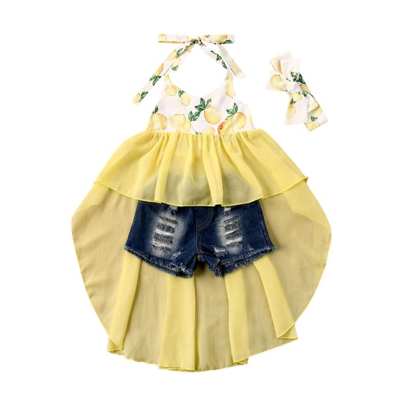 

New Summer Baby Girl Lemon Clothes Toddler Kid Halter Top Vest+Ripped Denim Shorts Outfits Sets 1-6 Years, As pic