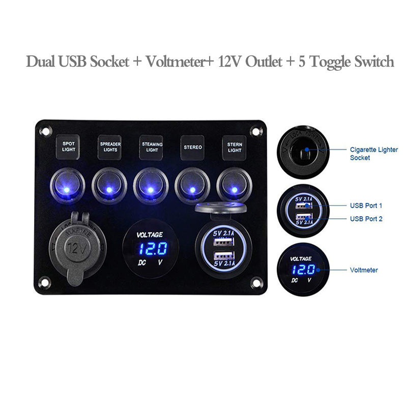 

5 Gang LED Boat Rocker Switch Panel for Car Camper 4.2 A Dual USB Power Socket Voltmeter 12V Cigarette Lighter Socket Fuse