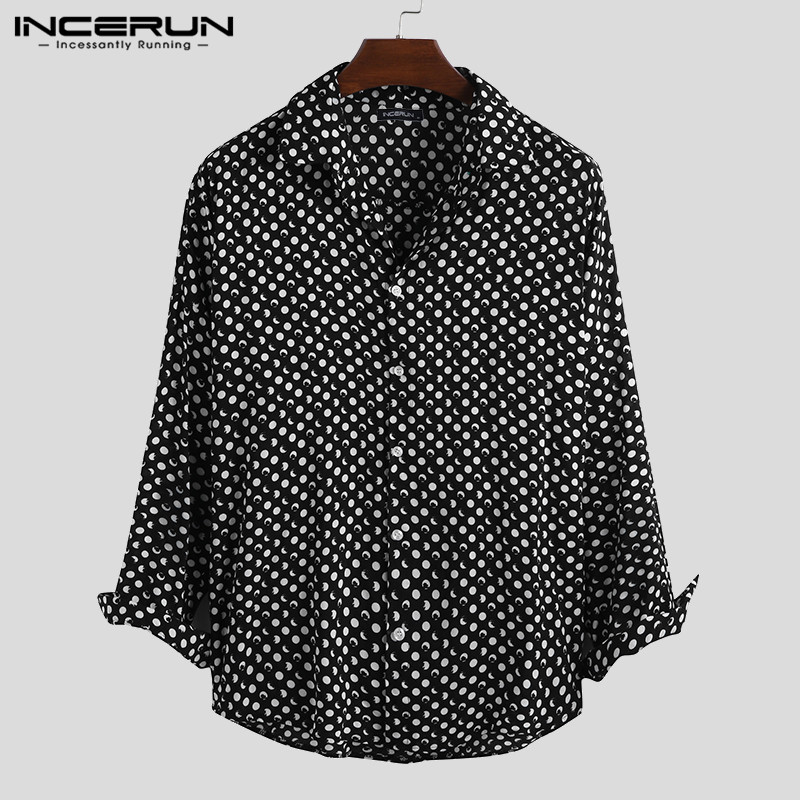 

INCERUN Autumn Fashion Men Shirt Polka Dot Long Sleeve Lapel Neck Loose High Street Beach Chic Men Brand Shirts Camisa 2019 5XL, Black shirt