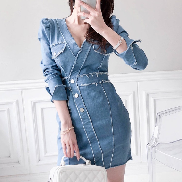

high-end temperament v-neck han edition cultivate morality long-sleeved fashion denim skirt package buttocks thin dress, See chart