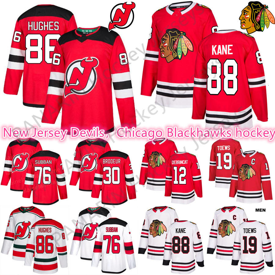 

2019 New Chicago Blackhawks 19 Toews 88 Kane 12 Alex DeBrincat Mens Jerseys New Jersey Devils 76 P. K. Subban 86 Jack Hughes Hockey Jerseys, Black;red