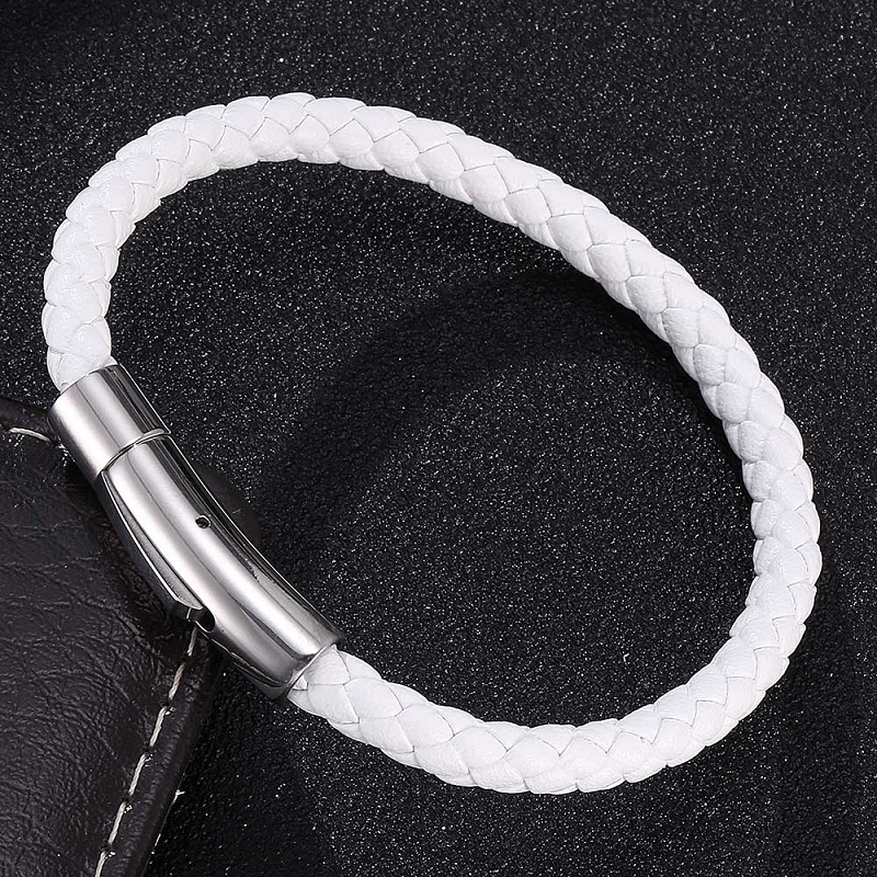 

White Leather Bracelet Men Women Jewelry Simple Style Braided Leather Bracelets Stainless Steel Exquisite Snaps Male Wrist Band