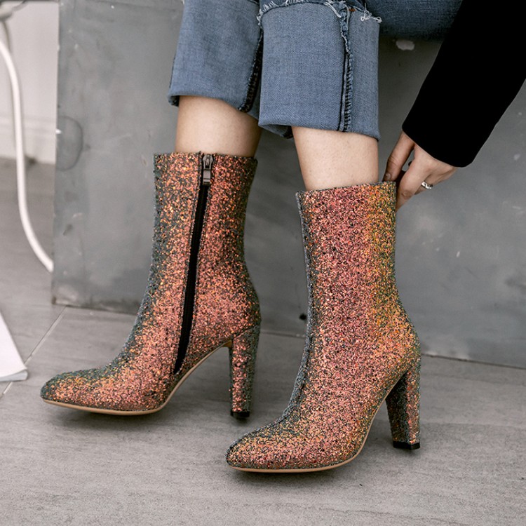 

plus size 33 to 44 45 46 tradingbear shinny sequined white chunky heels ankle booties luxury women designer boots