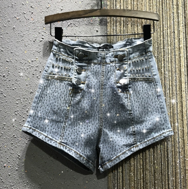 

Full of Crystals Hot Drilling Denim Shorts Women' 2020 Spring and Summer New High Waist Elasticity Slim Tight Shorts Hot Pants, As picture
