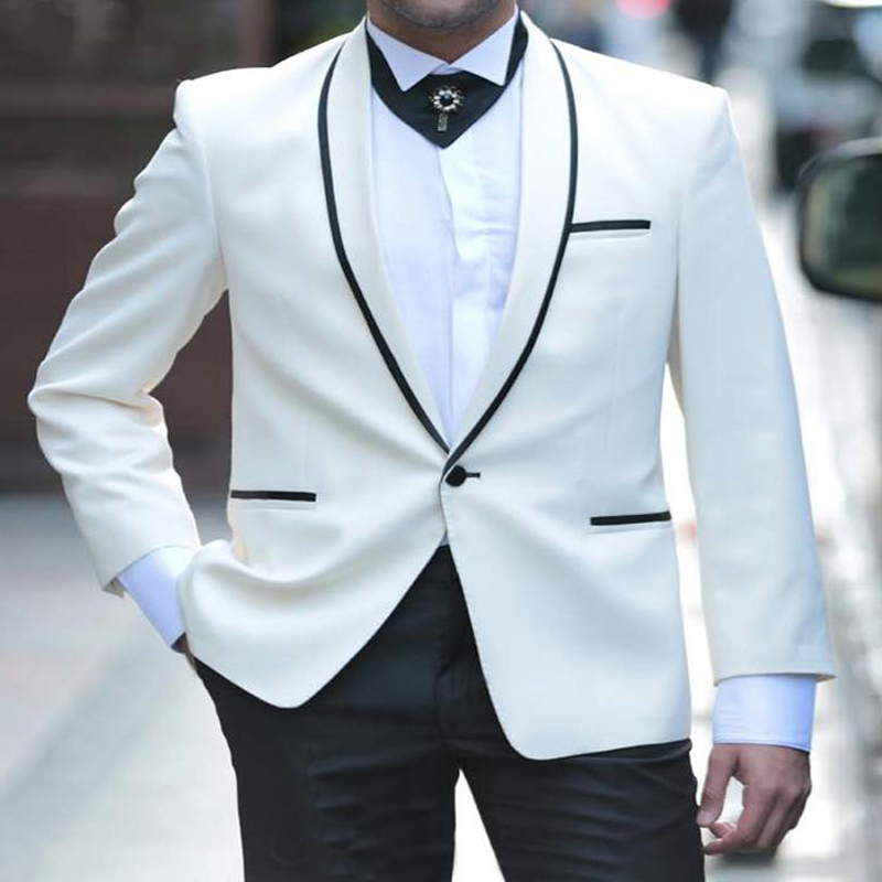 

White Prom Wedding Tuxedos for Groom Boyfriend 2 piece Shawl Lapel Slim fit Men Suits Set Jacket with Black Pants Man Fashion