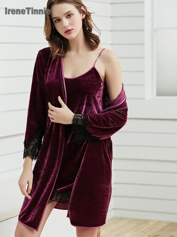 

Irene Tinnie 2020 New Women Pajamas Set Gold Velvet Long Sleeve Robe Sling 2 Pieces Female Sexy Sleeping Suit Fashion Nightwear, Red