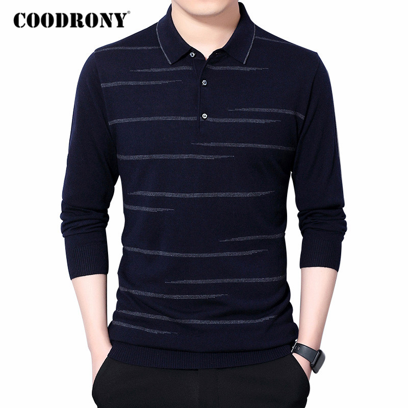 

COODRONY Brand Sweater Men Spring Autumn Soft Wool Pullover Mens Striped Knitwear Shirt Casual Turn-down Collar Pull Homme C1057, Blue