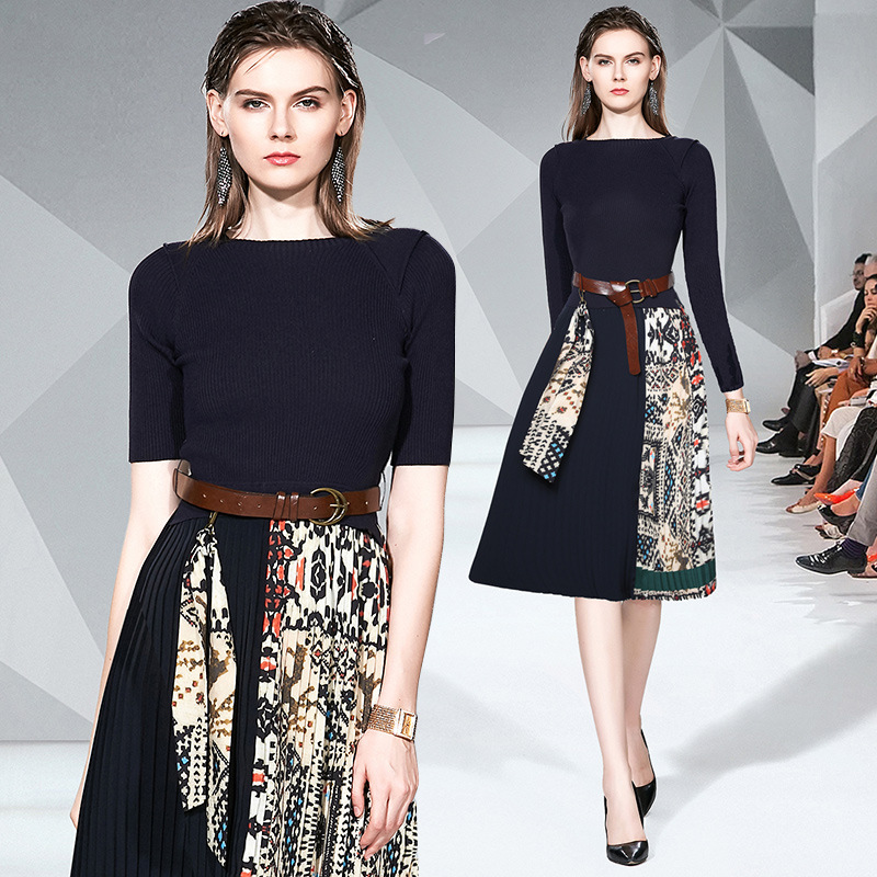 

Quality Black Knitted Designer Dress Women Long Sleeve Crew Neck Panelled Contrast Color Ladies Runway Dress Elegant Office Pleated Dresses, Black;gray