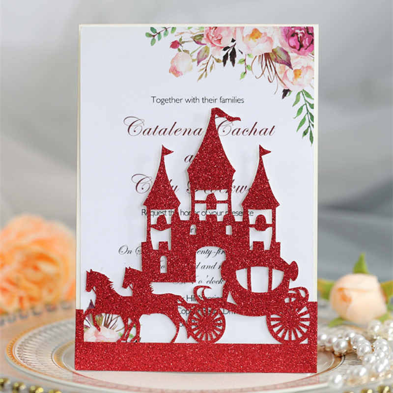 

2021 New Arriva Invitation Cards Glitter Laser Cut Hollowed-out Castle Carriage Greeting Card Business Invitation Card Hot Selling, Champagne