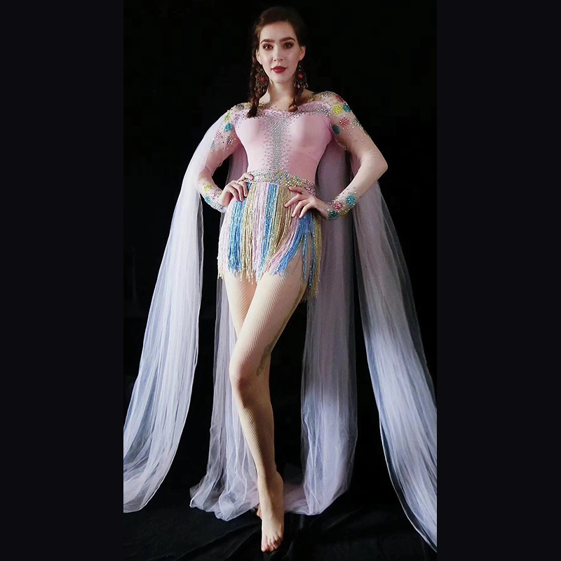 

Sparkly Rhinestones Fringes Bodysuit Long Cloak Stage Dance Costume Female Singer Tassel Leotard Rave Festival Clothing DWY3259, As picture