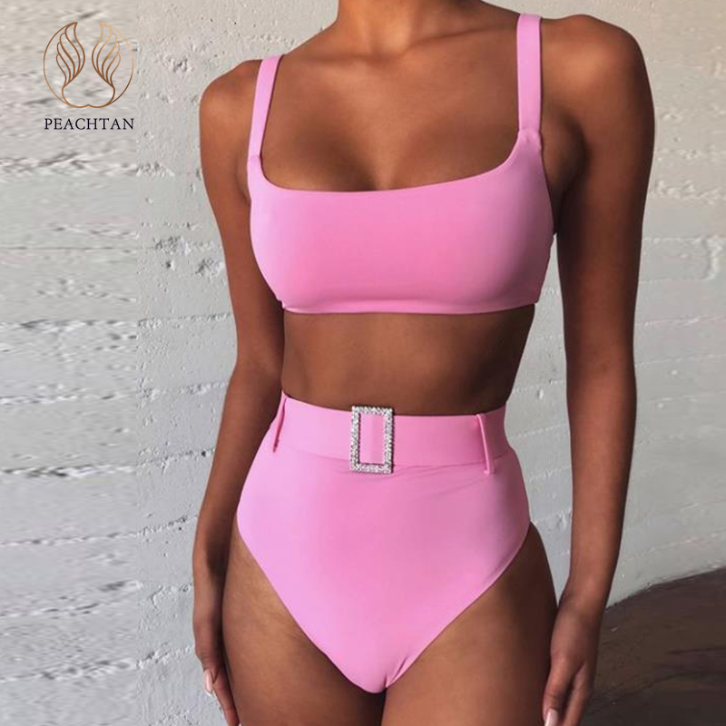 

Peachtan Vintage solid pink bikini 2020 mujer Bandeau swimsuit female High waist swimwear women Beach wear bathing suit biquini
