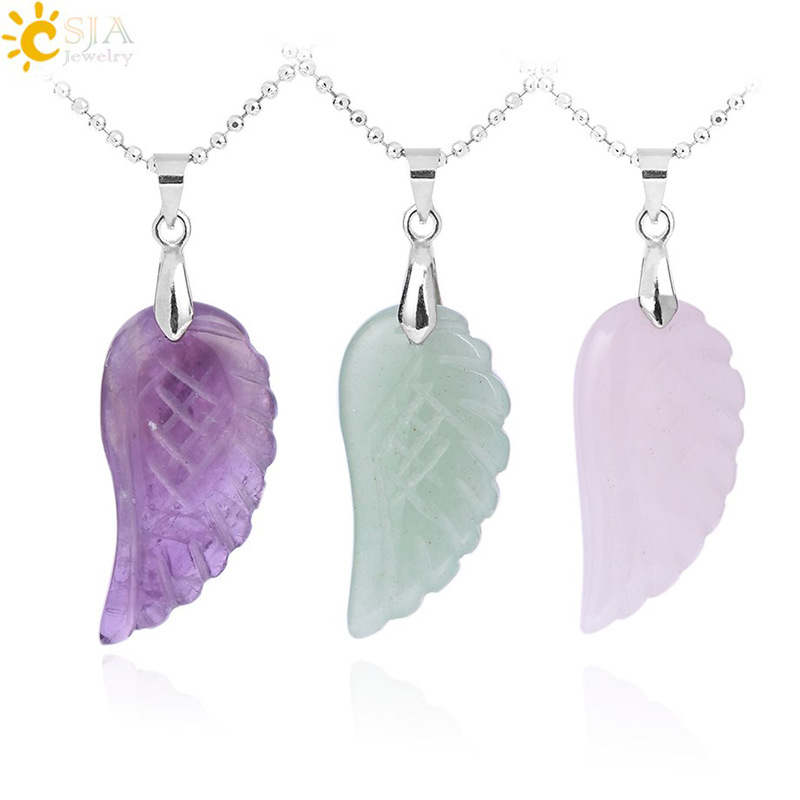 

Natural Stone Crystal Pendant Necklaces for Men Women Creative Wing of Angel Rose Quartz Opal Amethyst Pendants with Chain