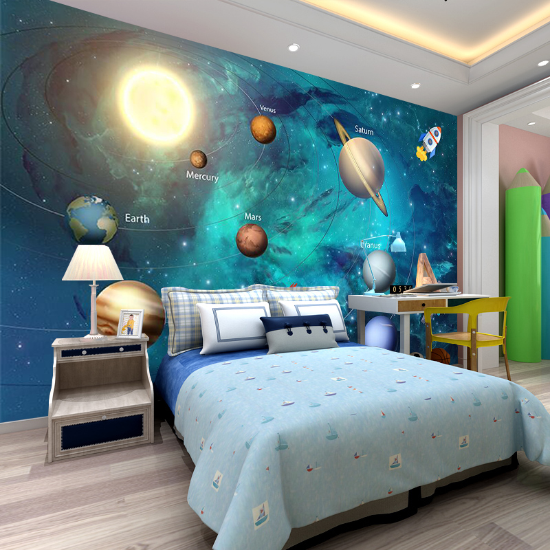 

3D Wallpaper Space Universe Children Room Starry Sky Planet Wallpaper 3D Stereo Cartoon Mural Papel De Parede Infantil Fresco, Silk cloth