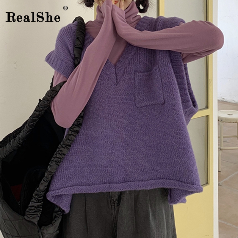 

RealShe Women Shrug V-neck Sleeveless Pocket Solid Sweaters Ladies Spring Casual Streetwear Knit Sweater Woman Pullover 2020, Black sweater women
