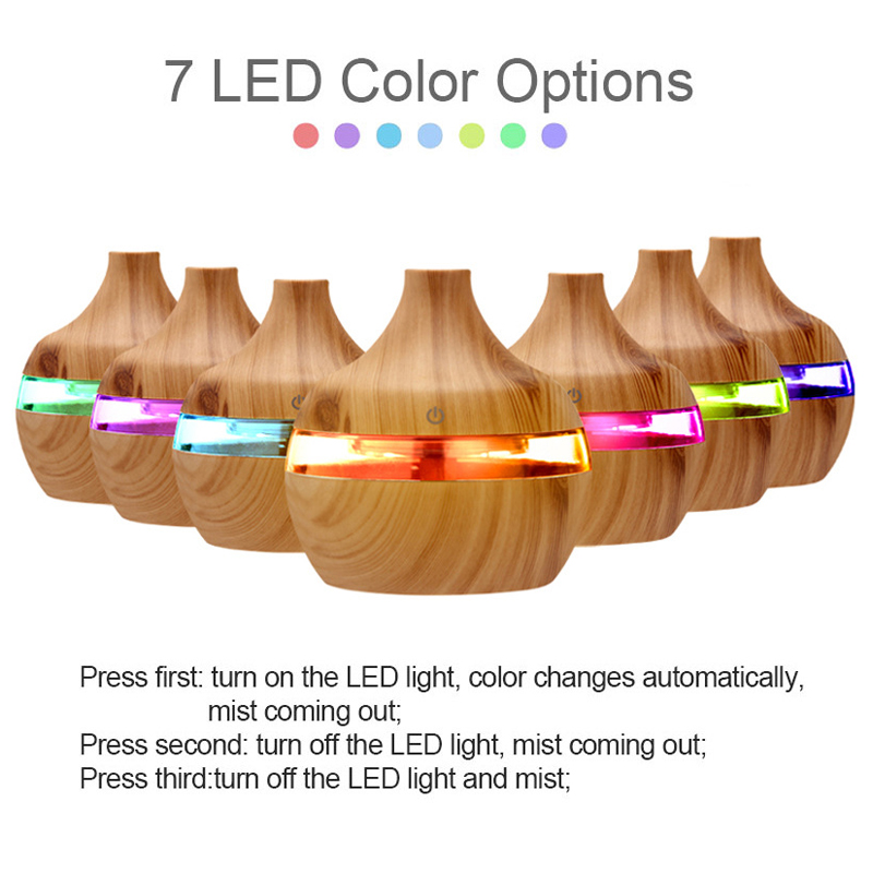 

2020 new Aromatherapy 300ml Essential Oil Diffuser bamboo Humidifier Wood Grain Ultrasonic Cool Mist Diffusers with 7 LED color light