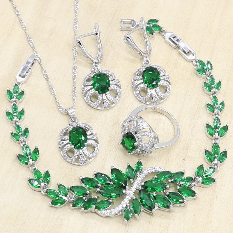 

Green Semi-precious 925 Silver Jewelry Sets for Women Earrings Pendant Necklace Rings Bracelet Bridal Gift, As pic