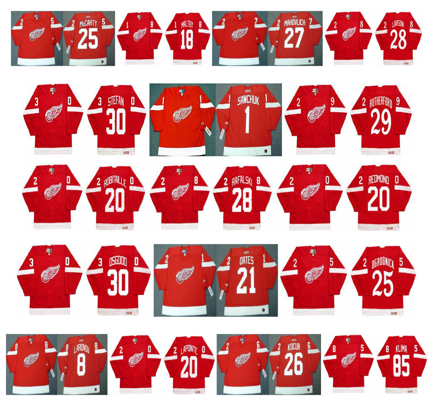 

Vintage Detroit Red Wings Jersey 30 CHRIS OSGOOD 30 STEFAN 1 Terry Sawchuk 29 JIM RUTHERFORD 20 LUC ROBITAILLE 20 MICKEY REDMOND CCM Hockey, As pic