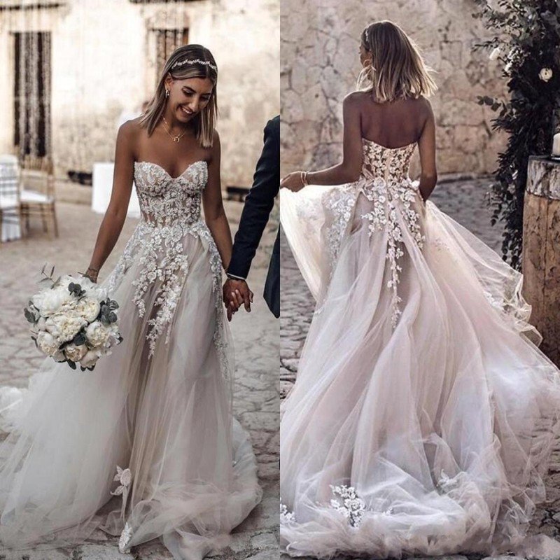 

Beach Country Style 3D Floral Appliques Wedding Dresses A-Line Sweetheart Bohemian Bridal Gowns for Brides robe de mariée, White