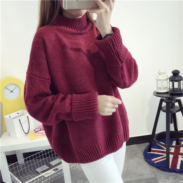 

New Arrival Thick Winter Knitted Women Sweater Half Turtleneck Loose Pullovers Solid Color Gray