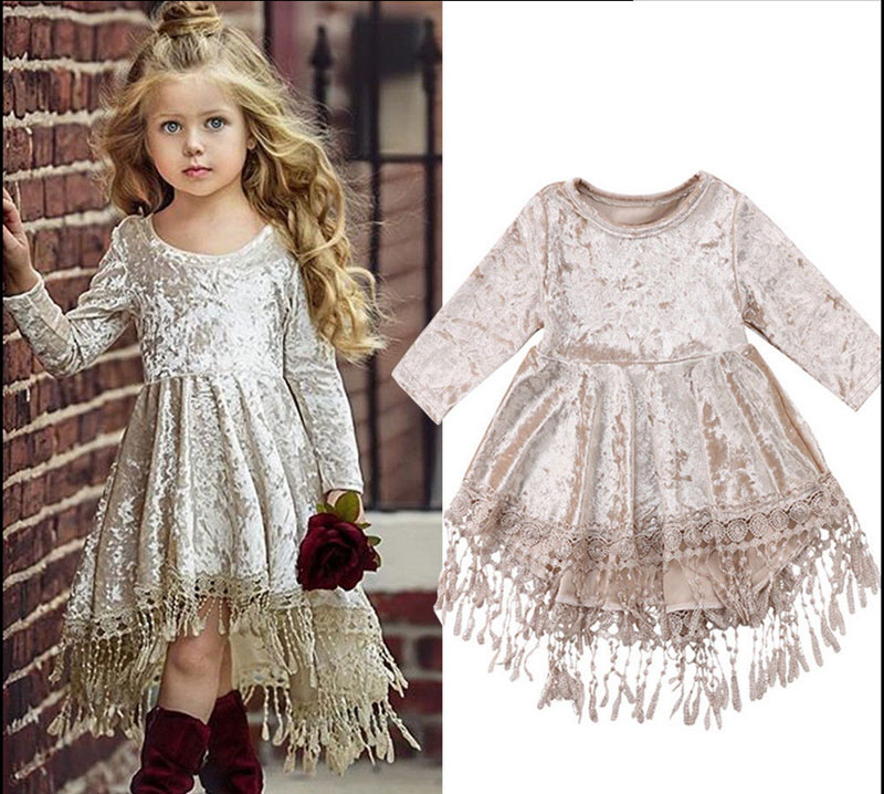 Vintage Princess Kids Baby Flower Girls Dress Silver Velvet Tassels Party Dresses Outfit