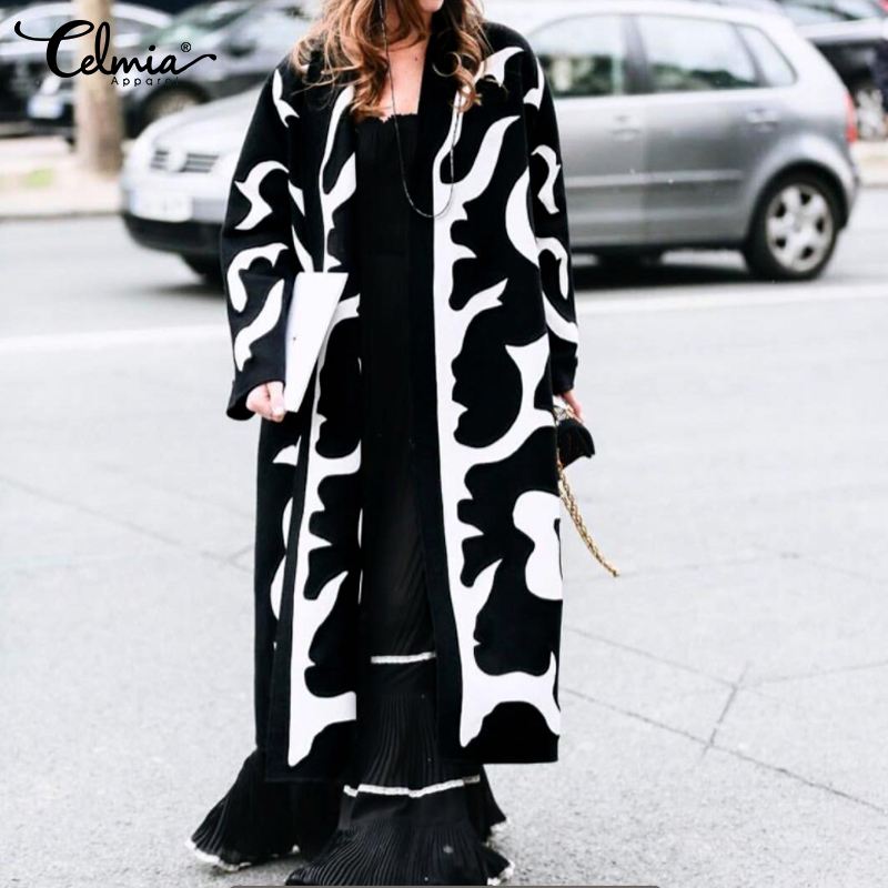 

Women Vintage Long Coats Celmia 2019 Autumn Winter Jackets Long Sleeve Printed Cardigan Casual Loose Tops Plus Size Outerwear, Black