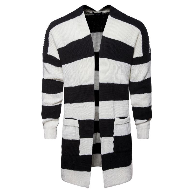 

2019 Autumn and Winter Cadigan Men's Collaged Cardigan Jackets Men's Middle Long Black and White Striped Knitted Sweater Jackets, As picture