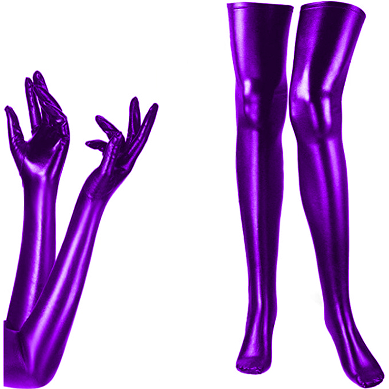 

Sexy Long Gloves And Stockings Set Women Exotic Cosplay Party Accessories Metallic Gloves Socks Faux Leather Dancing Clubwear, Red