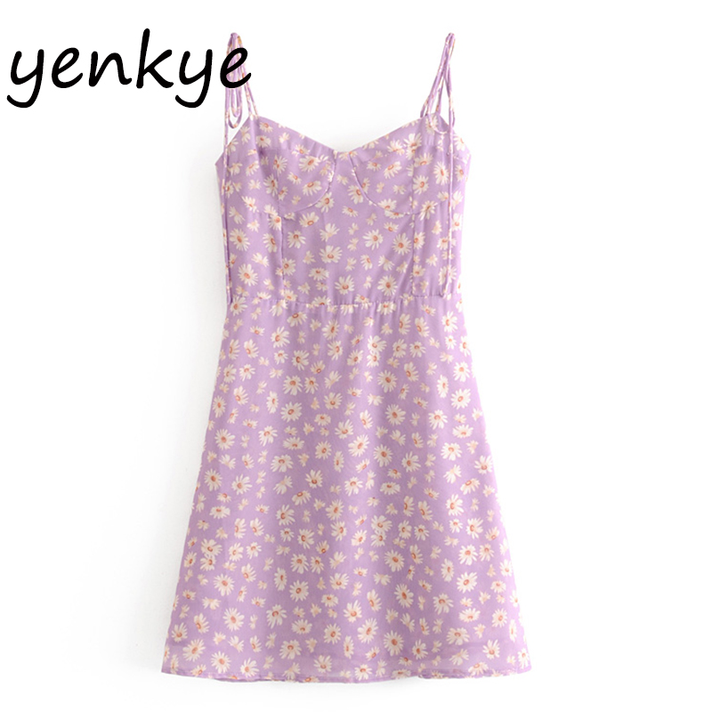 

Sweet Daisy Floral Print Sling Sexy Dress Women Sleeveless Romantic Mini Dress Female A-line Chiffon Summer robe femme, As pic