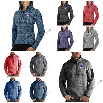 

2020 New York Rangers Antigua Mens Womens Fortune Half-Zip Sweater Pullover Jackets- Heather Navy Charcoal Purple Grey Royal, Gray;blue