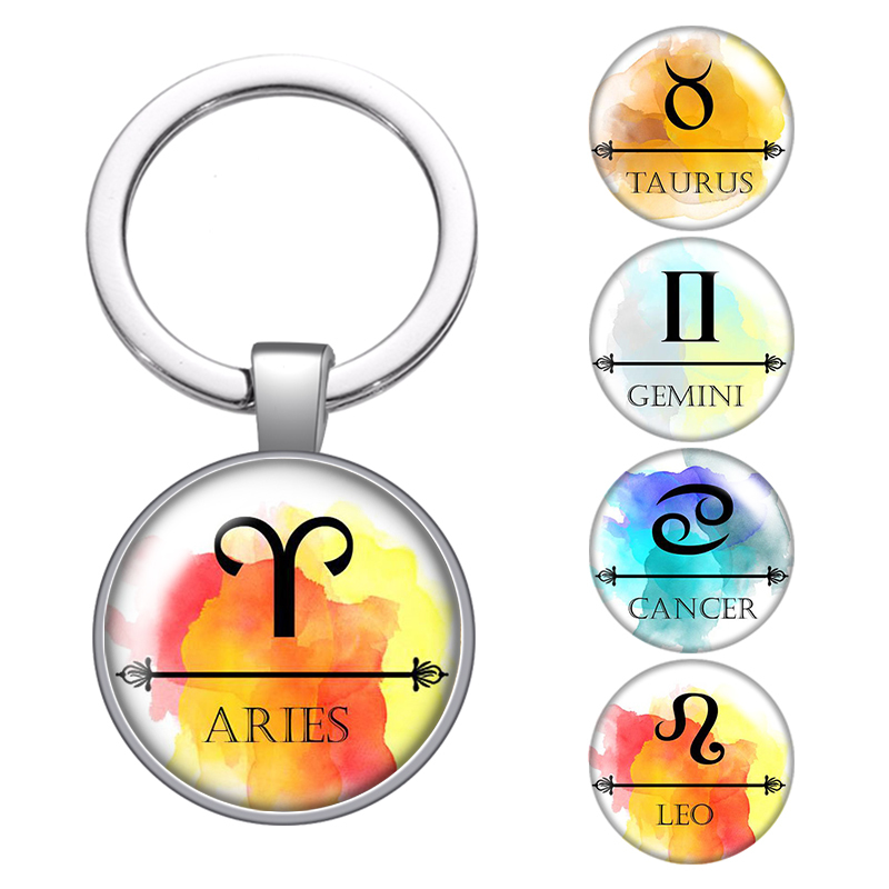 

12 Constellations Signs Glass Cabochon Keychain Bag Car Key Chain Ring Holder Charms Silver Keychains For Men Women Gifts