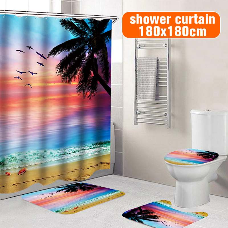 

180x180cm Sunset Coconut Tree Beach Waterproof Bath Shower Curtains Bathroom Curtain Toilet Cover Mat Non-slip Bath Mat
