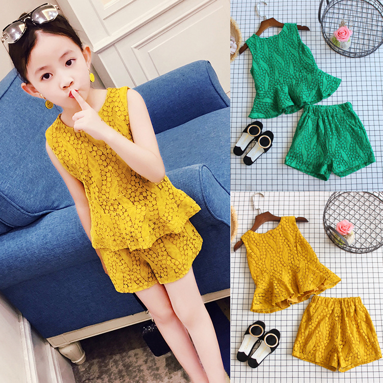 

2 colors Fashion Girl kids clothes Set children clothing Solid sleeveless Top + shorts 2PCS Sets Kids Designer Clothes Girls DHL JY325, #01green