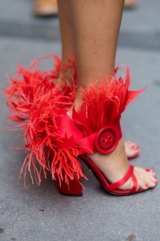 

New Red Fur Sandals Women Ankle Buckle Button Chunky High Heels Summer Feather Shoes Party Sandals zapatos mujer, Black