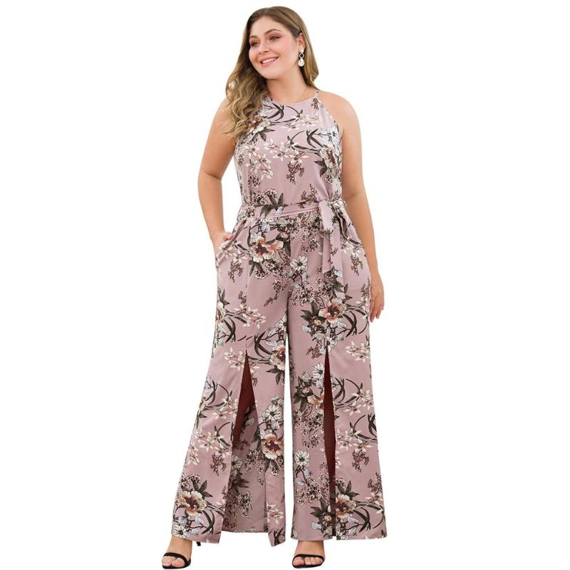

Summer Plus Size 3XL 4XL Pink Flower Printed Sleeveless Jumpsuits Women Split Sexy Pockets Casual Bohemian Jumpsuits Ladies