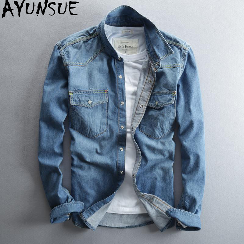 AYUNSUE Denim Shirt Men Fashion 2020 Spring Summer Cotton Shirts for Men Jeans Long Sleeve Shirt Korean Clothes Chemise Homme