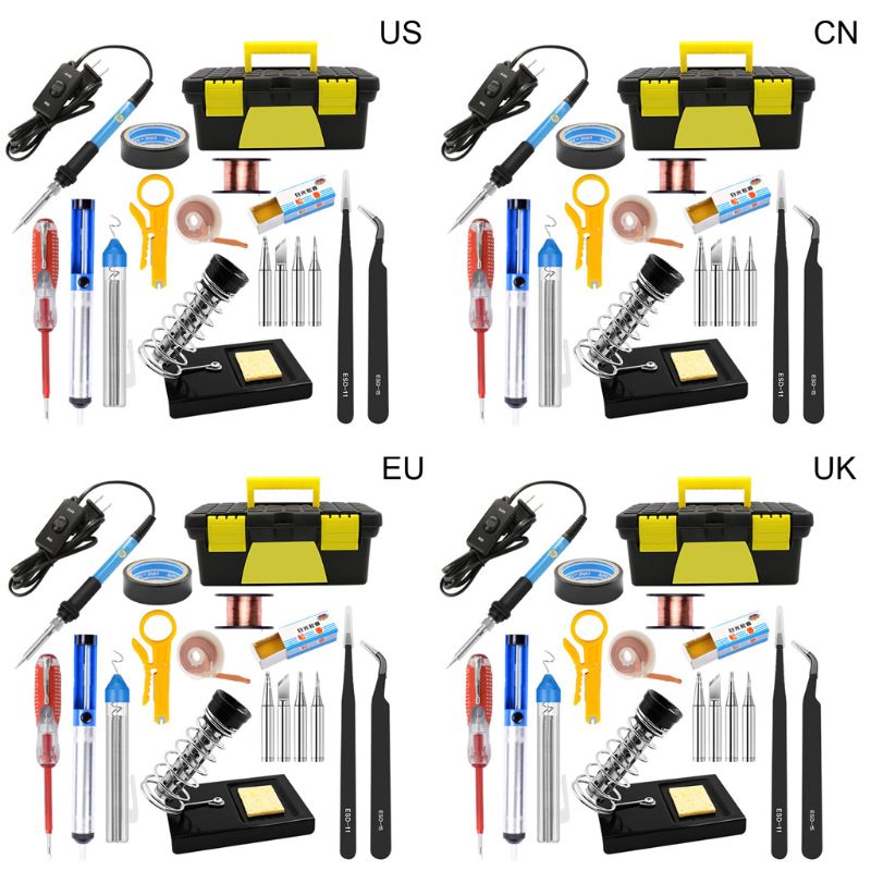 

16Pcs 60W Soldering Iron Kits Adjustable Temperature Welding Tools US/UK/EU/CN H7EE
