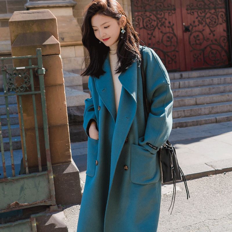 

Large Size Coat 2019 Fashion Women Winter Jacket Wool Coat Female Paragraph Long Sleeve Long Thick Woolen Blends Outwear, Blue