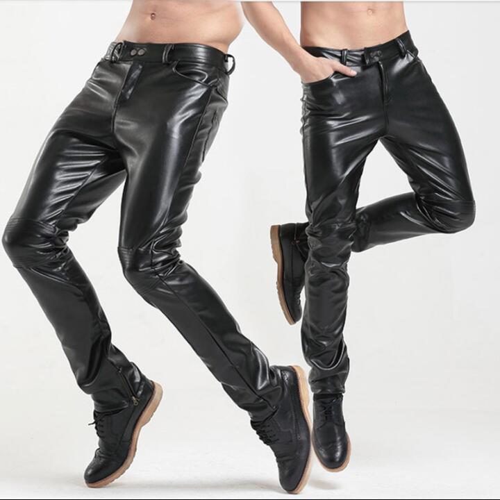 

Black faux leather pants mens feet pants fashion motorcycle pu trousers for men personality pantalon homme autumn