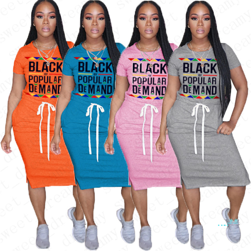 Fashion Design Women One-piece Dress Black By Popular Demand Letter Print Short Sleeve Lace-Up Waist Knee-Length Dress Street Clothing D5716
