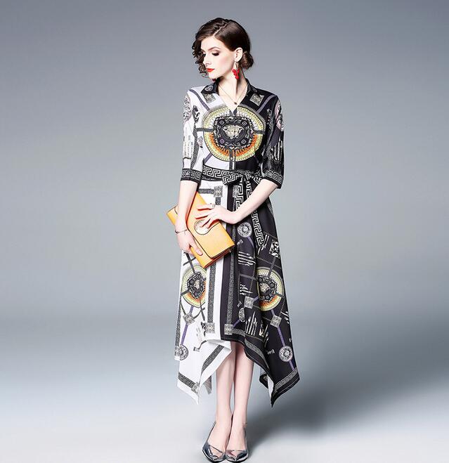 

2019 summer lapel neck Paisley printed shirts dress Asymmetrical girl knee-Length dresses street style dress long sleeve with bow waistband, Multi