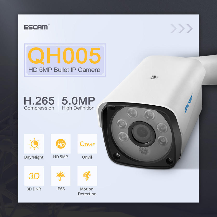 

ESCAM QH005 5MP ONVIF H.265 P2P IR Outdoor IP Camera with Smart Analysis Function Night Vision Motion Detect