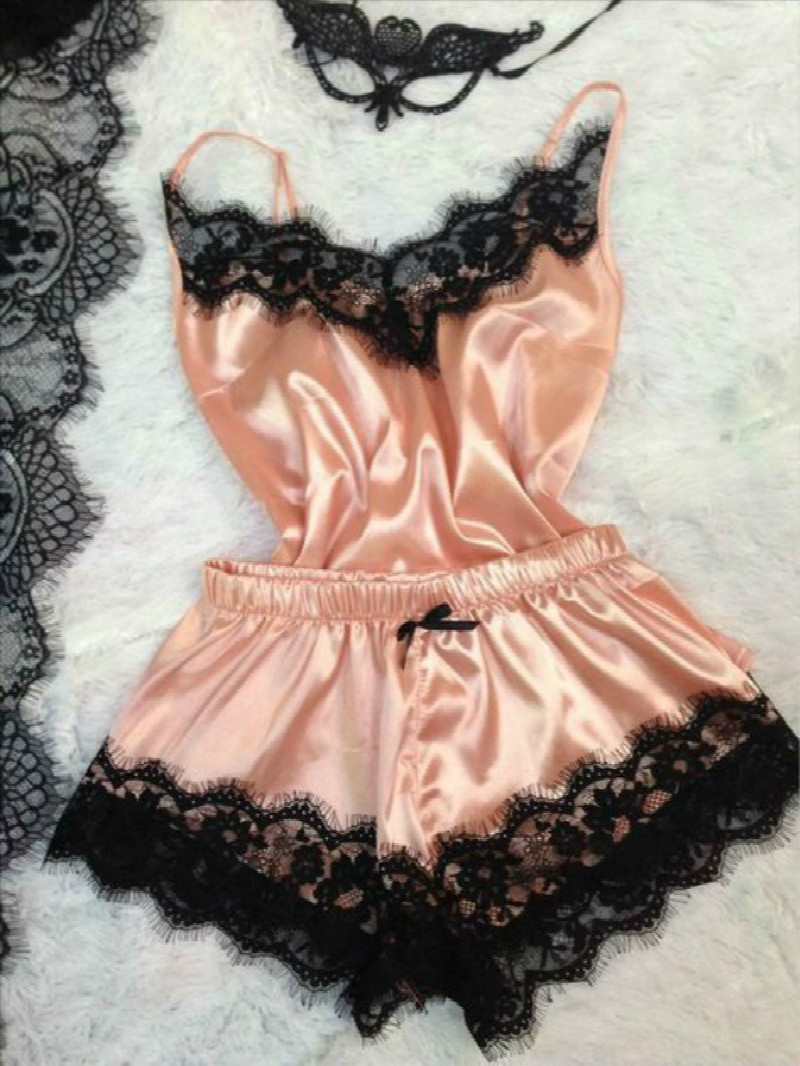 

Pajama Set Women' Sleepwear Sexy Satin Black Lace V-Neck Pyjamas Sleeveless Cute Cami Top and Shorts Pijama Mujer Algodon Veran, Brown