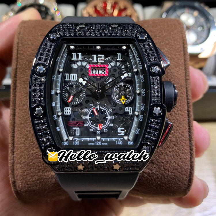 

New Flyback Chrono PVD Black Steel Case RM011 RM11-03 011 Skeleton Dial Automatic Mens Watch Black Diamond Bezel Rubber Strap Hello_Watch, Extra strap