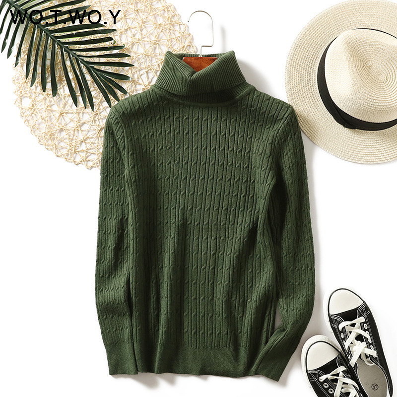 

WOTWOY Knitted Turleneck Cashmere Sweaters Women Autumn Winter Solid Casual Pullovers Female Soft Slim Fit Jumper Harajuku 2020, Army green